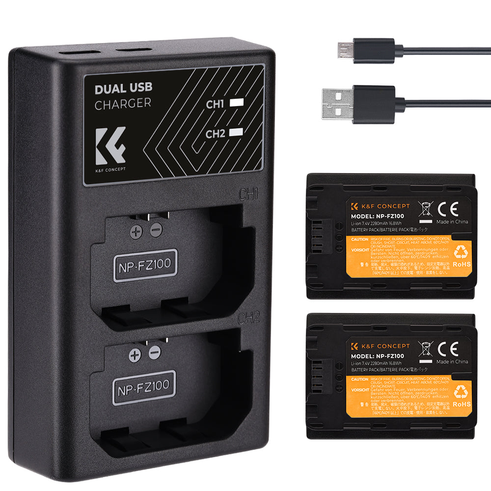 NP-FZ100 Battery Charger Set for Sony Alpha A7 III, A7R III (A7R3), A9, a6600, a7R IV, Alpha a9 II (2-Pack, Micro USB Port, 2280mAH) NP-FZ100 Battery Charger Set for Sony Alpha A7 III, A7R III (A7R3), A9, a6600, a7R IV, Alpha a9 II (2-Pack, Micro USB Port, 2280mAH)
